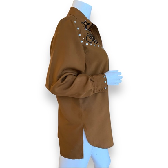 WANTED BY BEADS SILK COWGIRL BUTTON DOWN COOPER RHINESTONE  BLOUSE WOMEN S/M - Picture 3 of 9